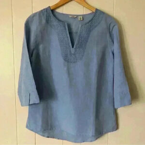 L.L.Bean 3/4 Sleeve Embroidered Linen / Cotton Blend Top Blouse Size XS
